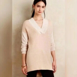 Anthropologie MOTH Size M Beige Two Tone V-Neck Wool Sweater Tunic